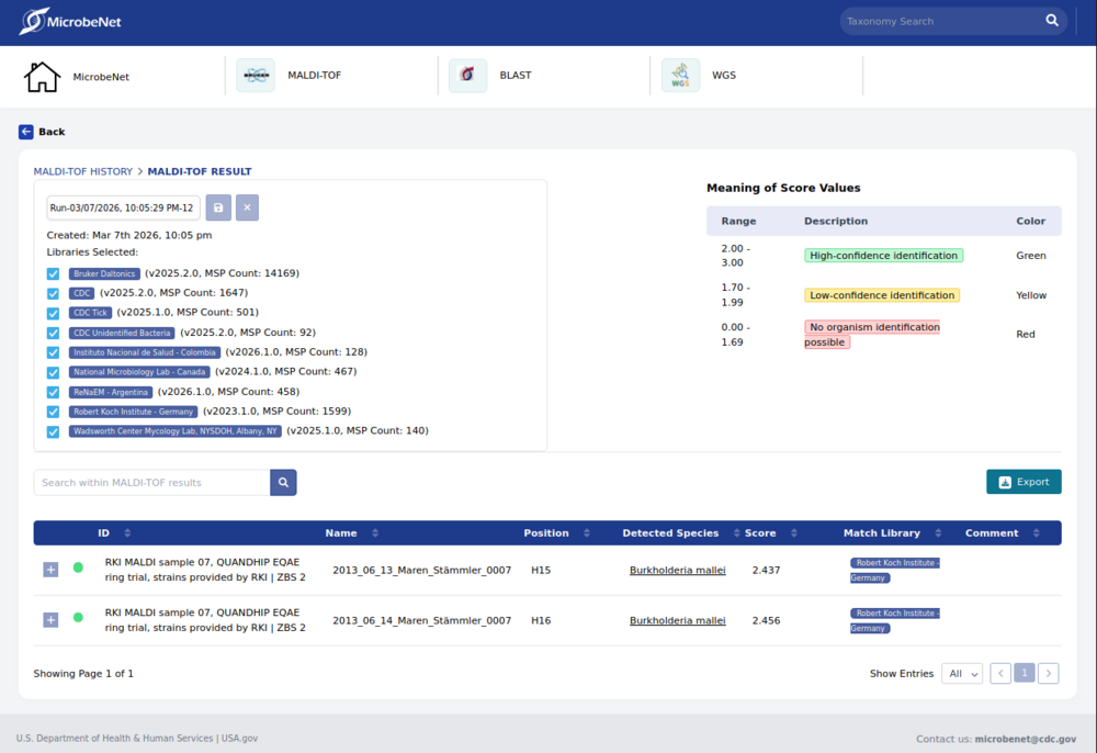Screenshot of MicrobeNet MALDI online identification module